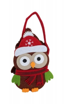 Filztäschchen "Weihnachtseule" braun mit Mütze und Schal, 7,5x6x14cm